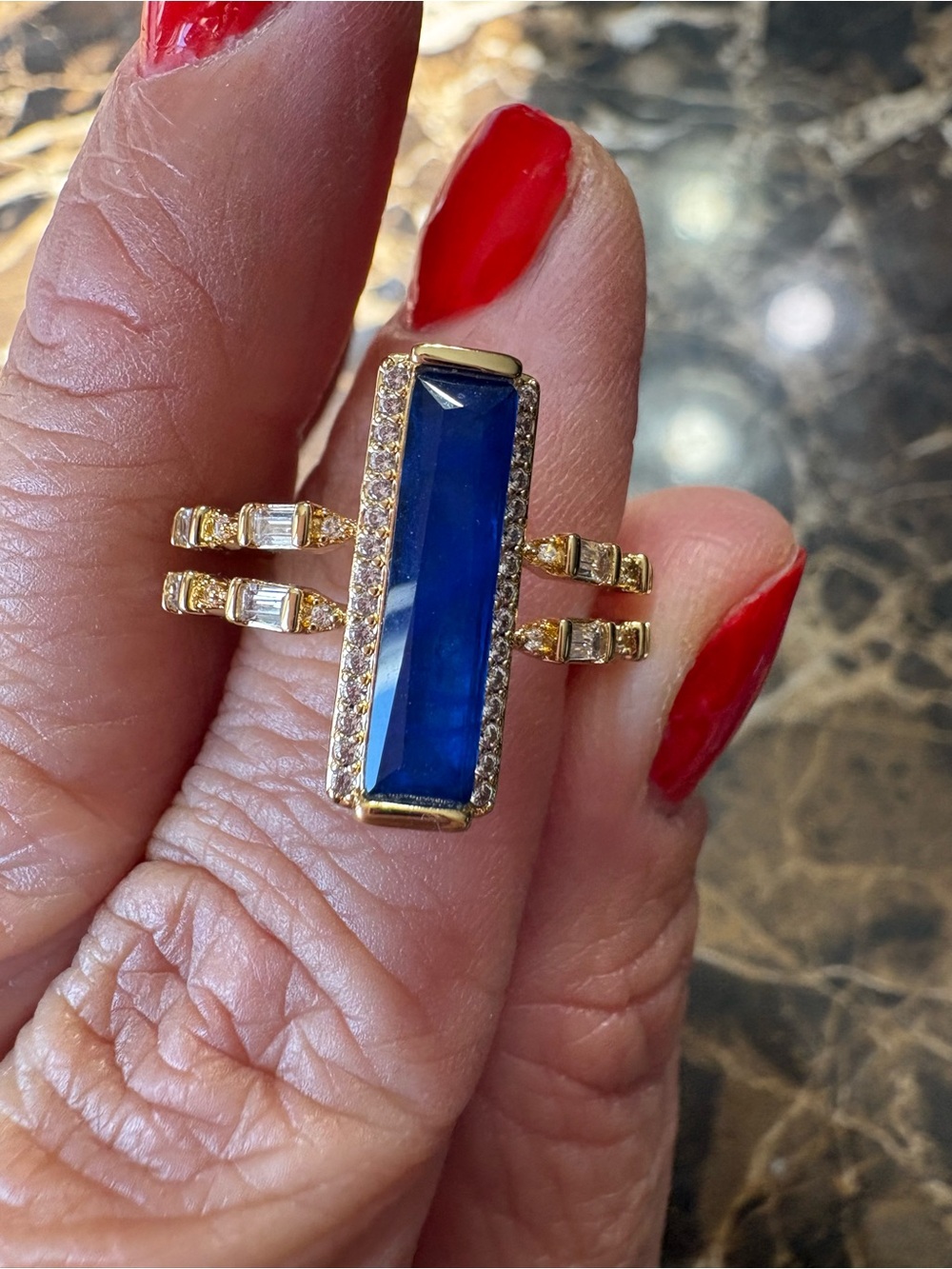 bp Gold-Tone Ring with Deep Blue Rectangular Stone- NO BAG OR TAG- size 9